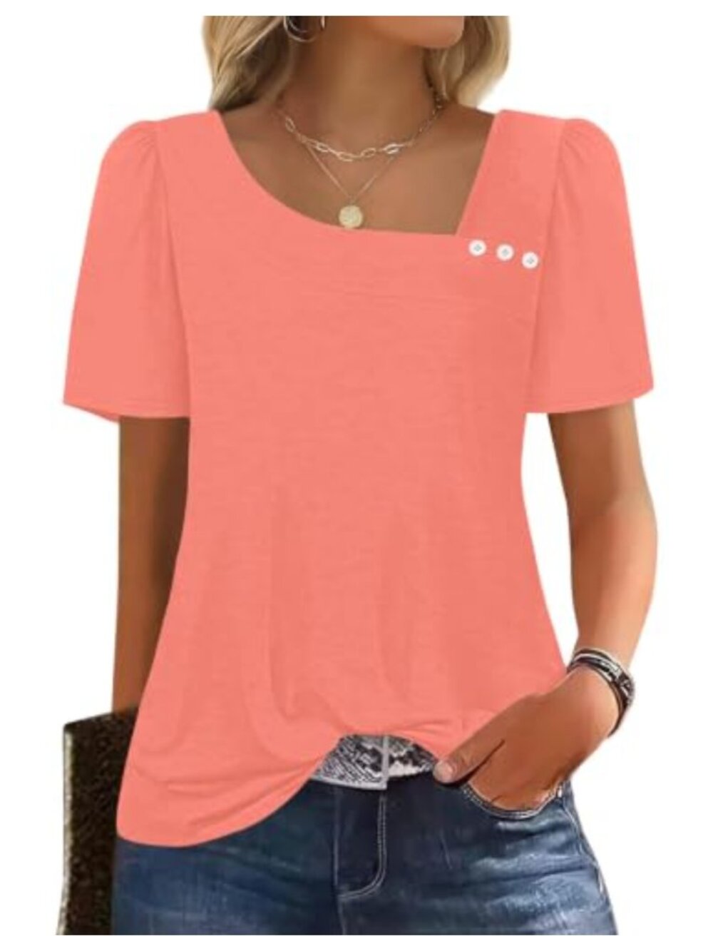 Womens Summer Tops Square Neck Short Sleeve Puff Sleeve Blouse S-XXL